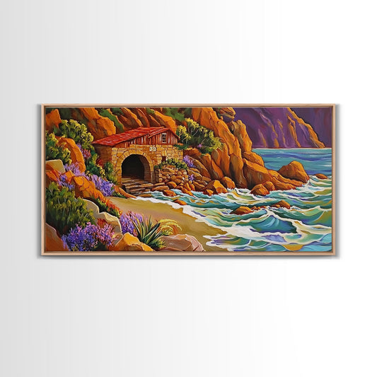 Coastal Stone Cabin, Rustic Beach Shack, Ocean Cliff Retreat, Framed Canvas Print, Cottagecore Wall Art, Seaside Landscape Decor