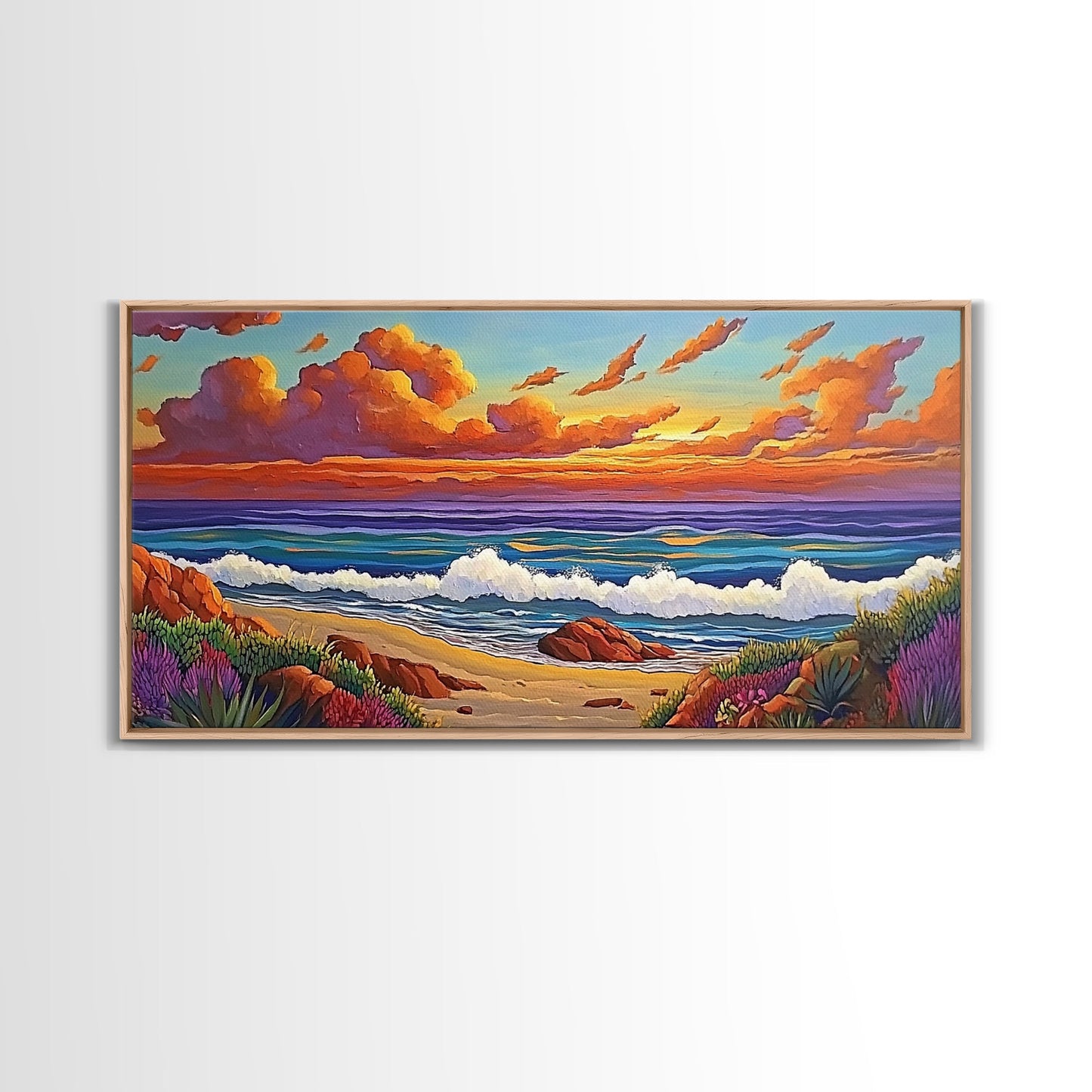 Beach Sunset, Waves, Pastel, Canvas Print, Seaside Landscape Art, Coastal Home Wall Decor, Serene Living Room Accent
