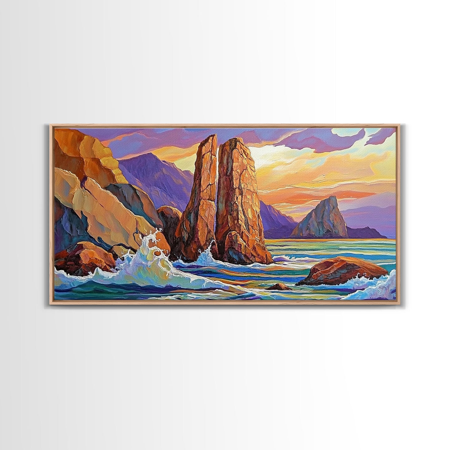 Ocean Rocks, Waves, Sunrise, Framed Canvas Print, Coastal Landscape Art, Nautical Beach Wall Decor, Ocean Sunset Art, Bedroom Accent