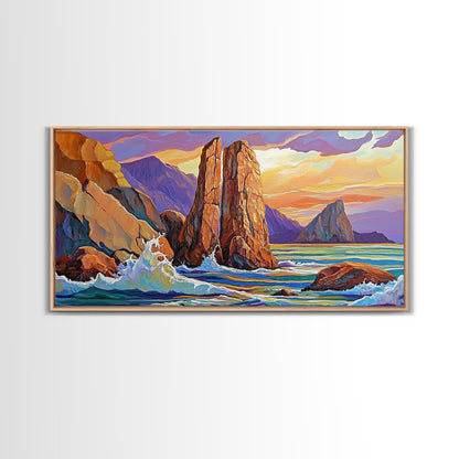 Ocean Rocks, Waves, Sunrise, Framed Canvas Print, Coastal Landscape Art, Nautical Beach Wall Decor, Ocean Sunset Art, Bedroom Accent