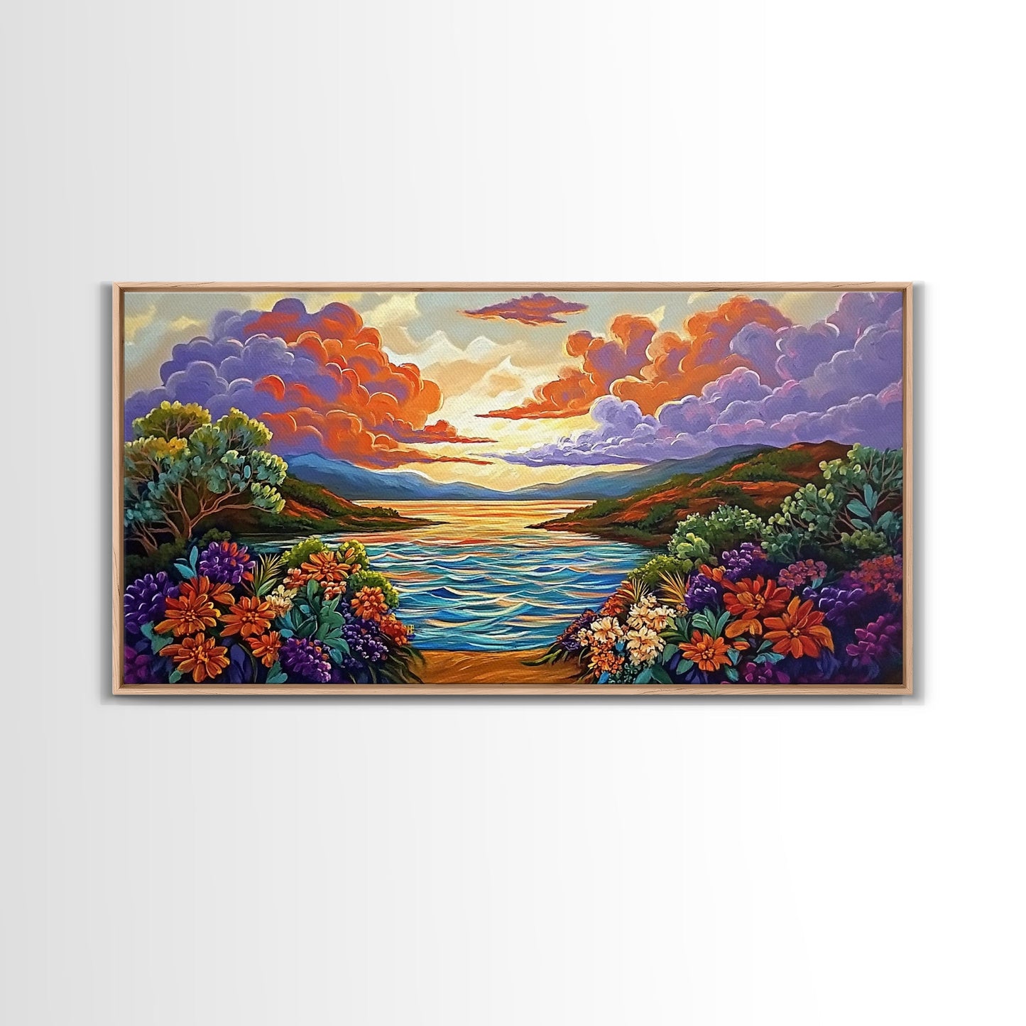 Sunset Floral, Lake, Garden, Framed Canvas Print, romantic nature painting, bedroom wall art, bright flower garden decor, sunset print