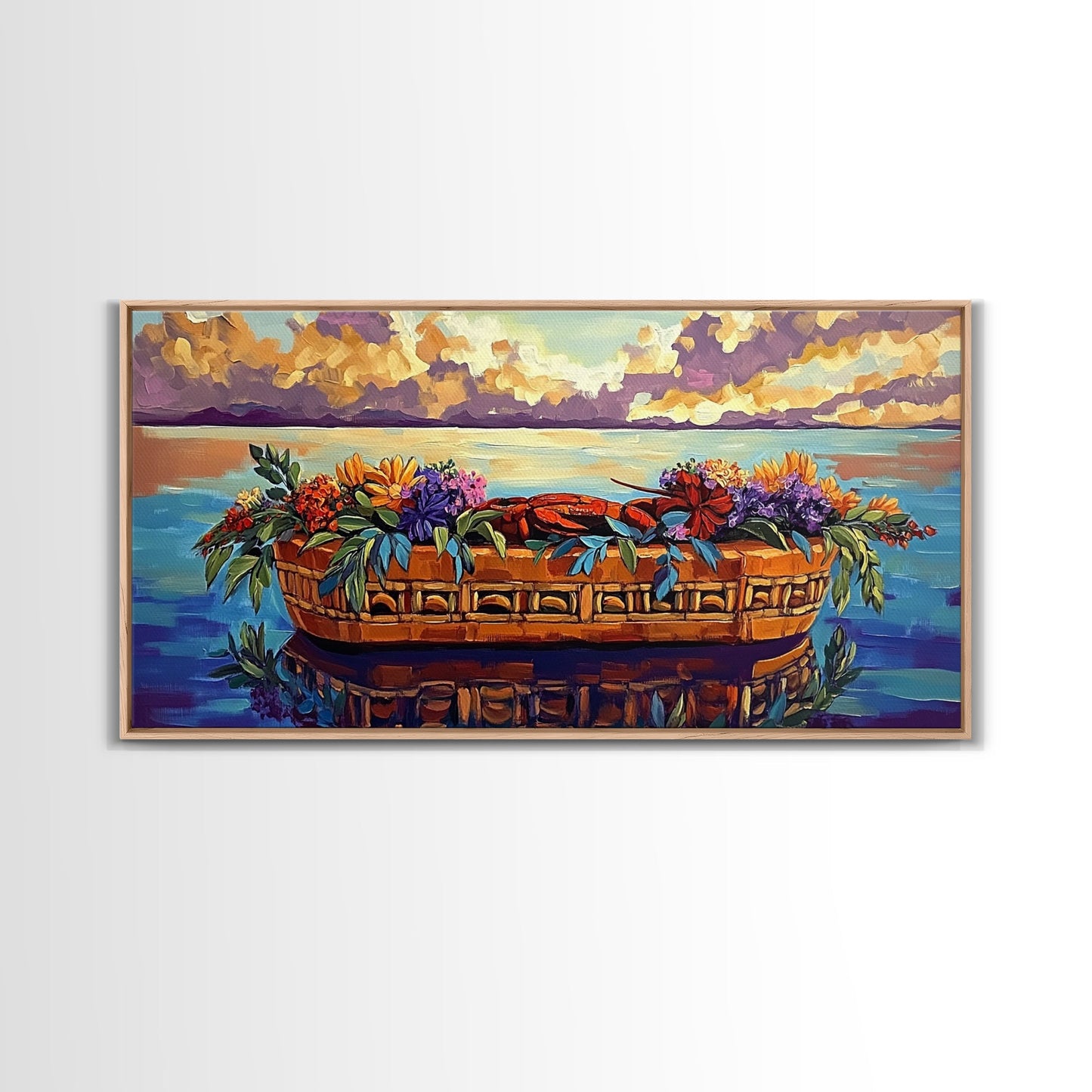 Lobster Basket, Florals, Coastal, Canvas Print, Nautical seafood kitchen wall art, whimsical ocean dining decor, coastal flower boho art