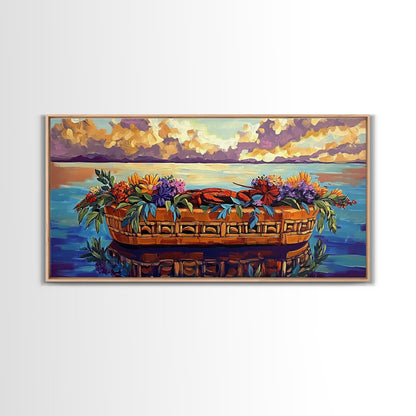 Lobster Basket, Florals, Coastal, Canvas Print, Nautical seafood kitchen wall art, whimsical ocean dining decor, coastal flower boho art