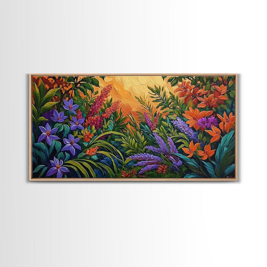 Botanical Jungle, Wildflowers, Painting, Framed Canvas Print vibrant floral bedroom art, colorful garden decor, kitchen wall art