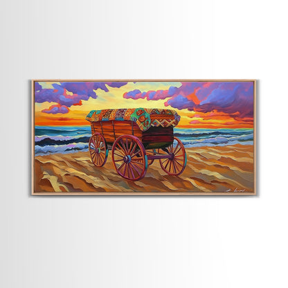 Beach Wagon, Sunset, Decor, Framed Canvas Print western wall art, desert decor, living room boho art, rustic coastal art, beach house