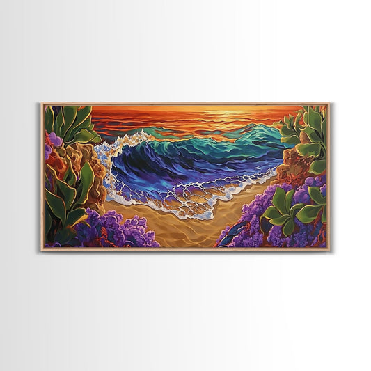 Wave Sunset, Shoreline, Vibe, Canvas Print bold seascape art, bathroom beach decor, ocean wave artwork, colorful coastal boho wall art