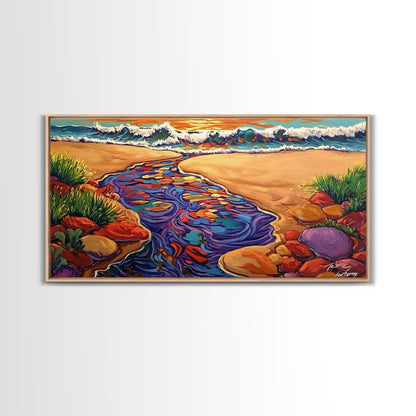 Ocean Stream, Sunset, Framed Canvas Print, Vibrant Beach Painting, Surf Wall Art, Coastal Decor, Sunset Seascape, Colorful Nature Art