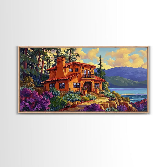 Cottage Lake, Garden, Framed Canvas Print, Countryside Home Wall Art, Rustic Living Room Decor, Mountain Lake Painting, Autumn Vibes