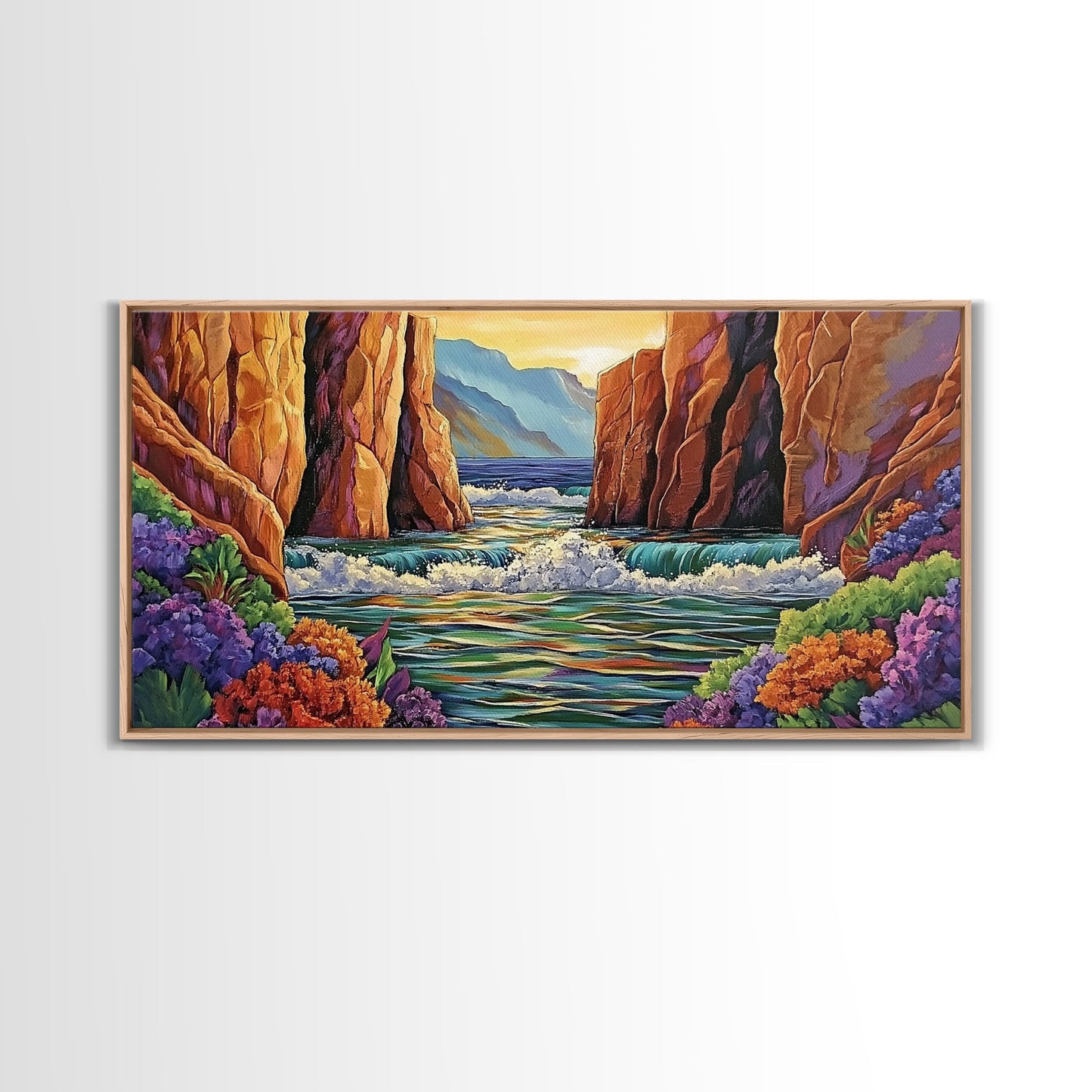 Canyon Cliffs, Ocean View, Sunset Water, Framed Canvas Print, Vibrant Landscape Wall Art, Office or Entryway Nature Decor