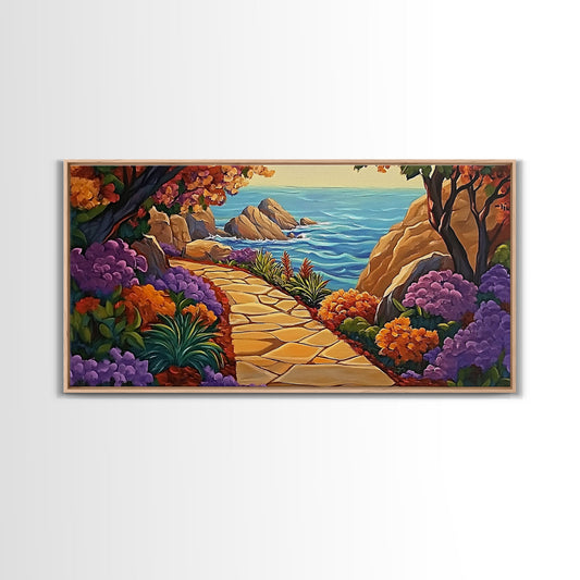 Ocean Pathway, Floral Trail, Rocky View, Framed Canvas Print, Colorful Coastal Wall Art, Nature Inspired Bathroom Art, Entryway Decor