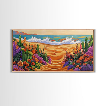 Beach Floral, Sunset, Cactus, Vibrant Desert Coastal Pathway Canvas Print, Entryway Wall Art, Boho Style Art, Tropical Beach Wall Decor