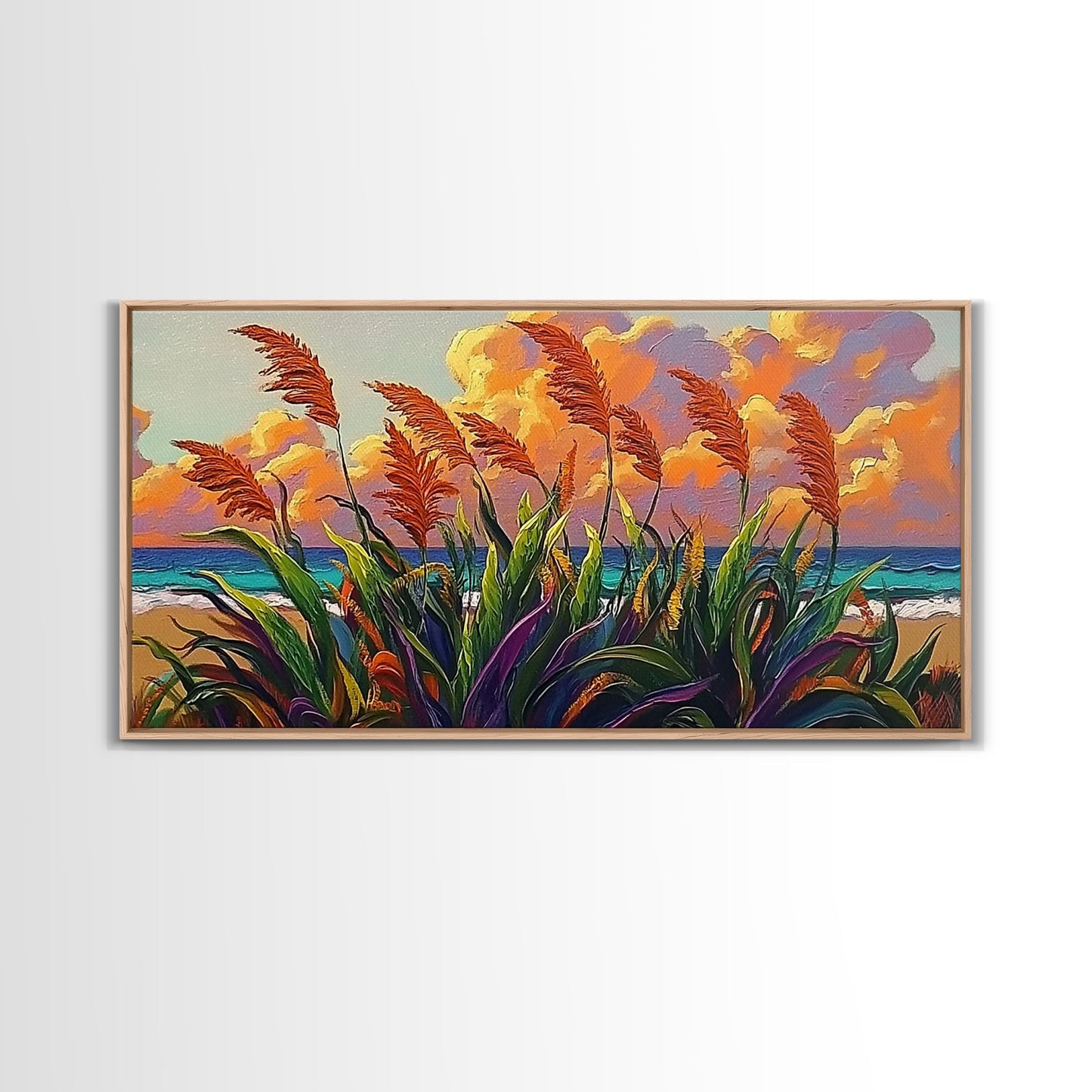 Coastal Sunset, Grasses, Canvas Print, Autumn Beach Landscape Art, Boho Living Room Wall Decor, Colorful Nature Painting