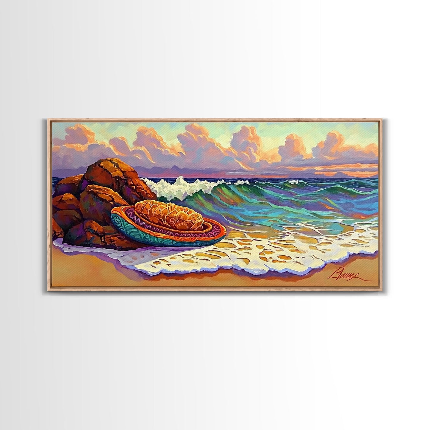 Conchas Beach, Sunset, Waves, Canvas Print, Mexican sweet bread art, kitchen wall decor, colorful bakery art, beach wall painting