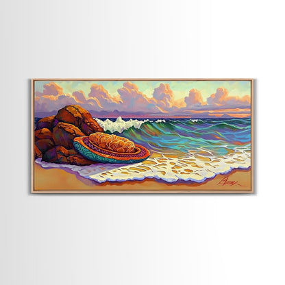 Conchas Beach, Sunset, Waves, Canvas Print, Mexican sweet bread art, kitchen wall decor, colorful bakery art, beach wall painting