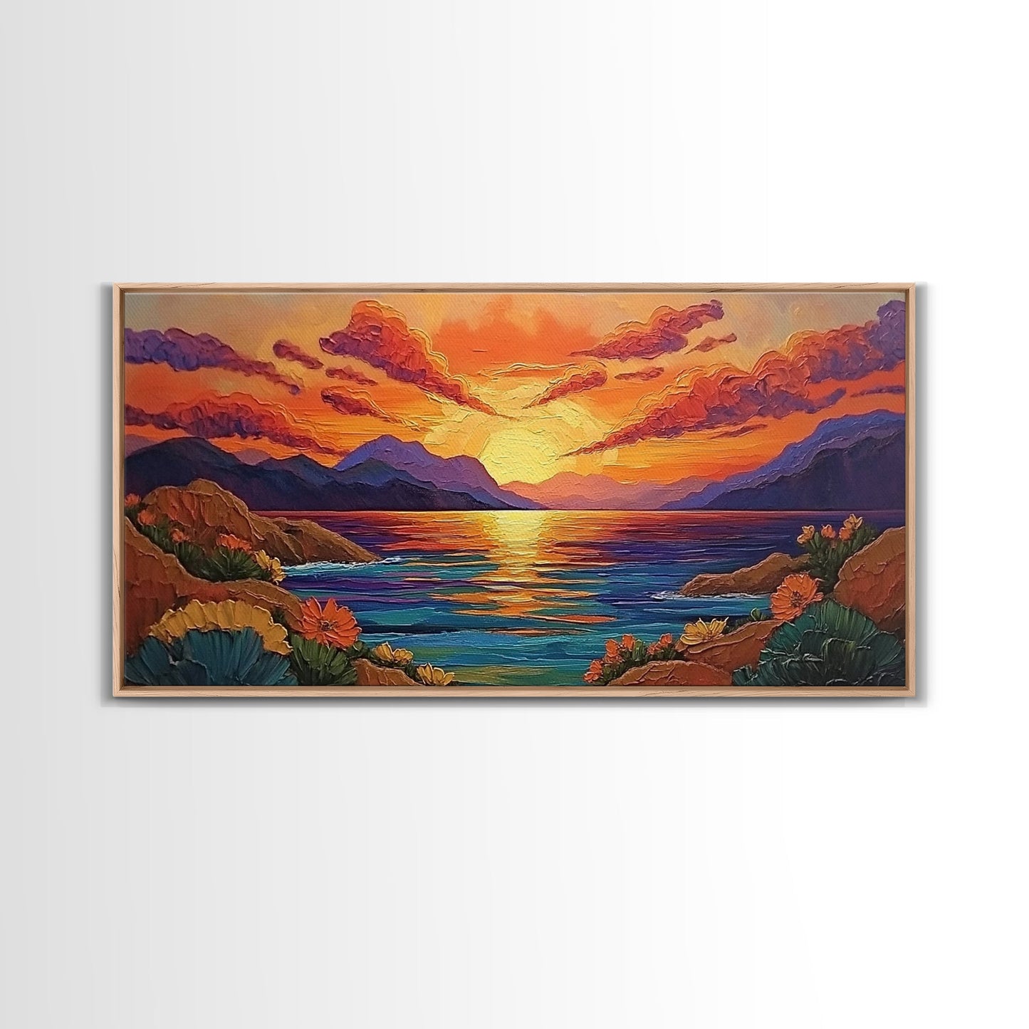 Sunset Coastal, Landscape, Vibrant Colors, Framed Canvas Print, Boho Beach Art, Living Room Wall Decor, Nature Painting, Summer Vibes
