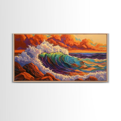 Ocean Wave, Sunset, Crashing Surf, Framed Canvas Print, Colorful Coastal Art, Living Room Wall Decor, Seaside Painting, Bold Landscape