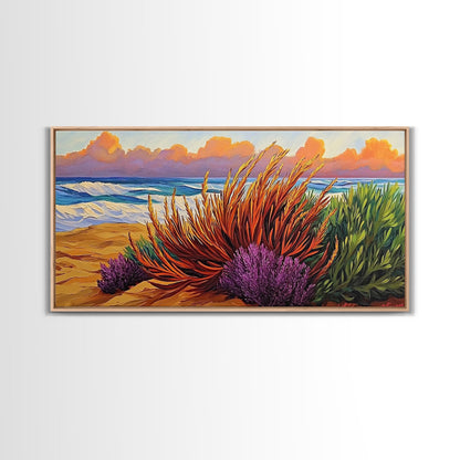 Beach, Sunset, Grasses, Coastal, Canvas Print, Tropical coastal wall art, desert beach boho art, modern bathroom art, hallway decor