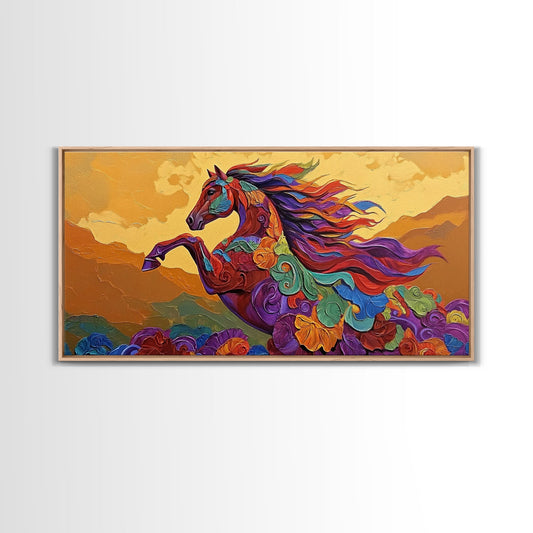 Horse Spirit, Sunset, Boho, Framed Canvas Print colorful western wall art, wild horse living room decor, boho equestrian nature artwork