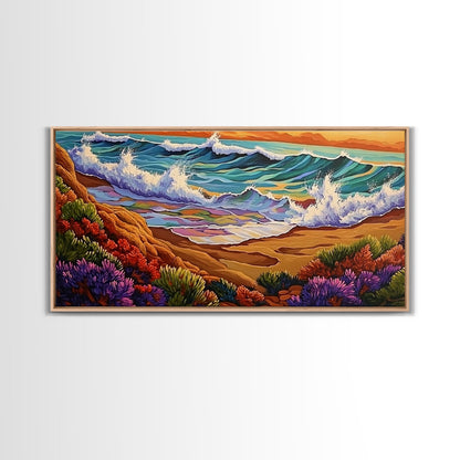 Wave Shoreline, Sunset Painting, Framed Canvas Print, vibrant crashing ocean waves, colorful rocks, Coastal Wall Art, tropical art