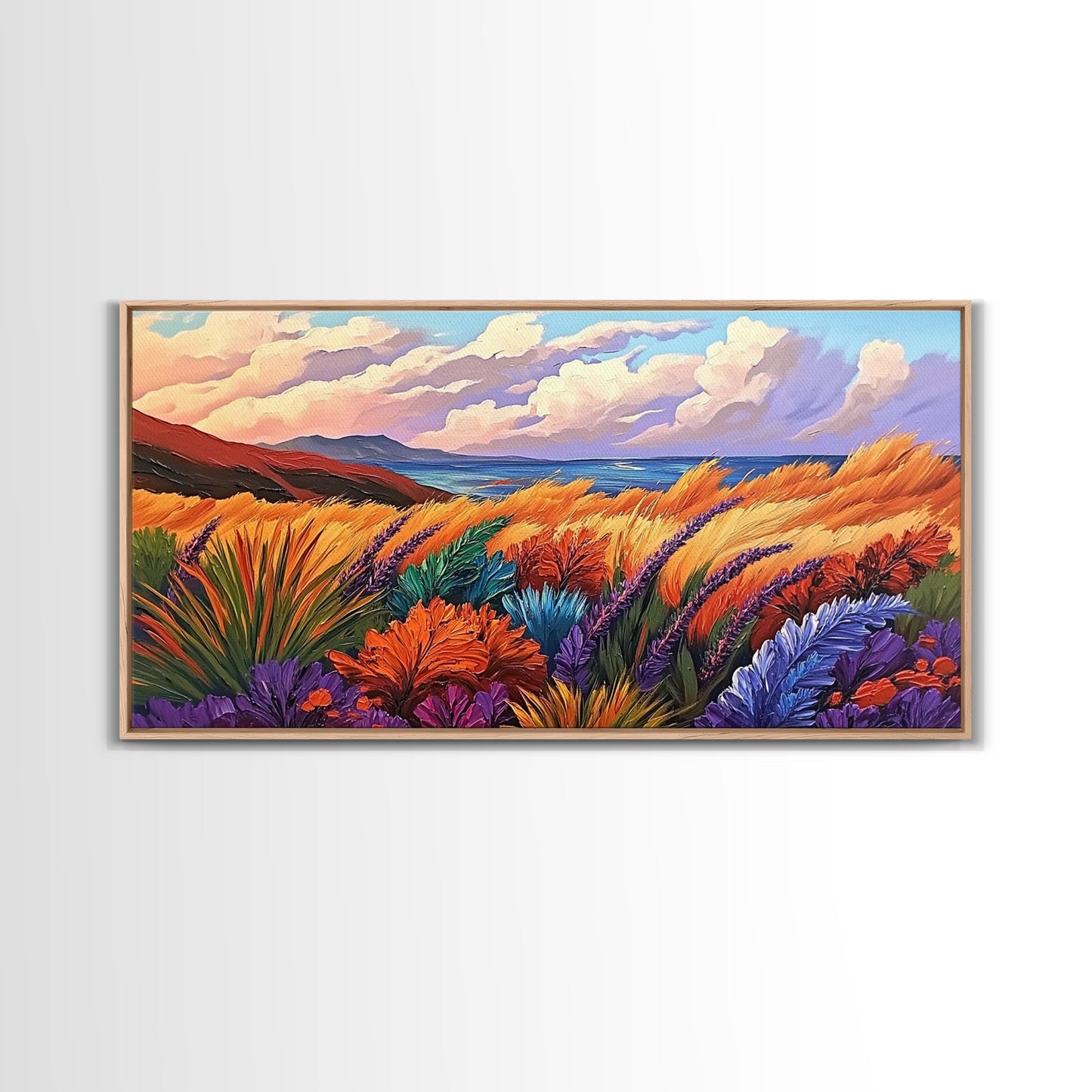 Golden Field, Coastal Landscape, Sunset, Colorful Grass, Ocean View, Large Wall Art, Living Room Wall Art, Canvas Print, Nature Decor