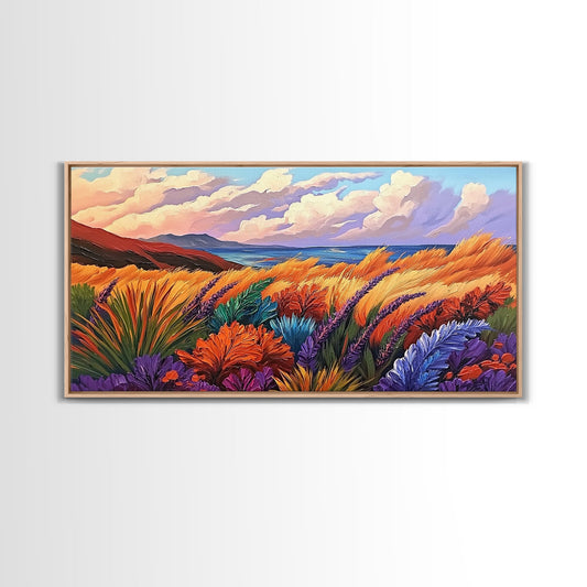 Golden Field, Coastal Landscape, Sunset, Colorful Grass, Ocean View, Large Wall Art, Living Room Wall Art, Canvas Print, Nature Decor