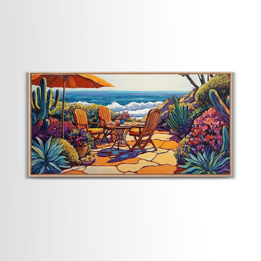 Patio, Ocean, Dining, Framed Canvas Print, Colorful seaside patio with umbrella and table scene, Summer vibes, Dining Room Wall Art