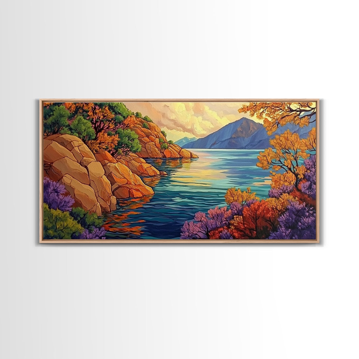 Mountain Lake, Trees, Reflection, Canvas Print with vivid autumn landscape painting, living room wall art, boho nature decor