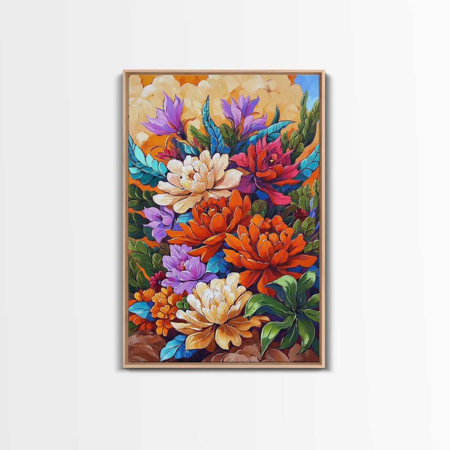 Floral Boho, Bright, Fall, Canvas Print vibrant flower bouquet wall art, fall floral wall decor, dining room print, bohemian art gift
