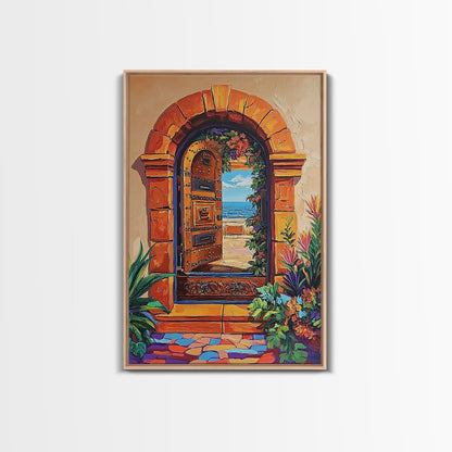 Doorway Ocean, View, Escape, Framed Canvas Print, Mediterranean coastal decor, boho travel wall art, vibrant entryway art, hallway decor