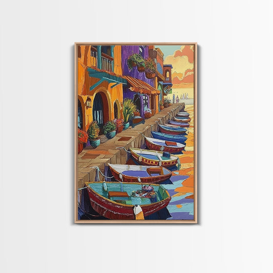 Boats Harbor, Sunset, Village, Canvas Print, Mediterranean coastal decor, colorful boat painting, Kitchen or Entryway Wall Art, boho art