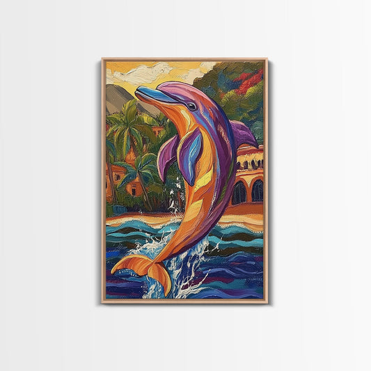 Dolphin Tropical, Colorful, Waves, Canvas Print, Whimsical dolphin painting, ocean animal decor, Kids Room or Coastal Wall Art