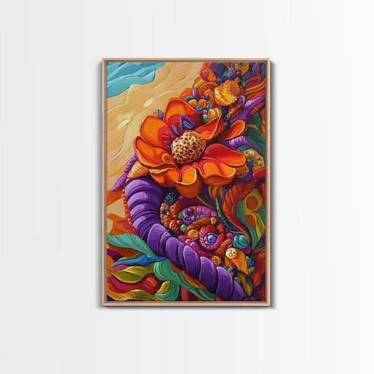 Cornucopia Beach Bloom, Whimsy, Canvas Print, fall harvest beach art, boho thanksgiving decor, colorful kitchen wall art, autumn vibes
