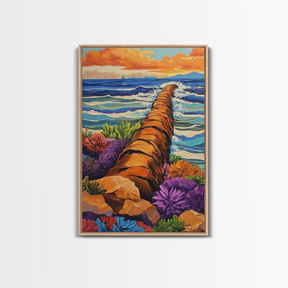 Ocean Path, Wildflowers, Shoreline, Framed Canvas Print coastal path wall art, ocean wildflower painting, beach garden style, hallway decor