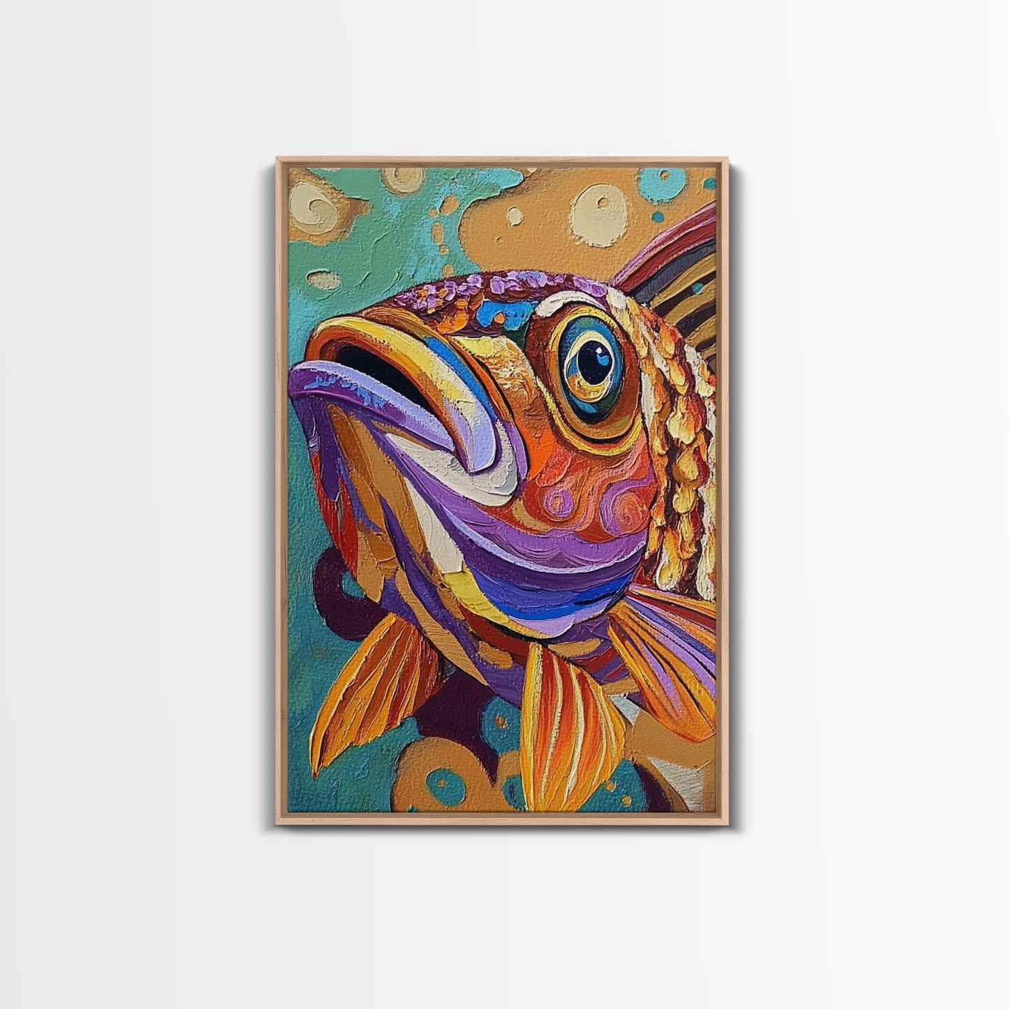 Fish Colorful, Tropical, Bold, Framed Canvas Print, vibrant ocean art, coastal bathroom decor, abstract tropical fish painting, boho beach