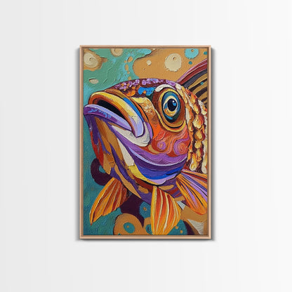 Fish Colorful, Tropical, Bold, Framed Canvas Print, vibrant ocean art, coastal bathroom decor, abstract tropical fish painting, boho beach