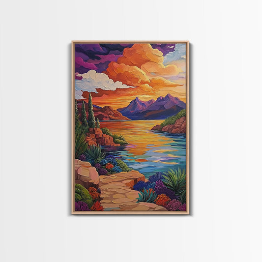 Sunset Lake, Pathway, Framed Canvas Print, Serene Nature Landscape, Colorful Mountain Decor, Fall Inspired Art, Living Room Wall Decor
