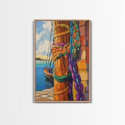 Boat Dock, Ropes, Framed Canvas Print, Nautical Coastal Wall Art, Vibrant Marina Scene, Boho Seaside Decor, Bathroom art, Office Wall Art