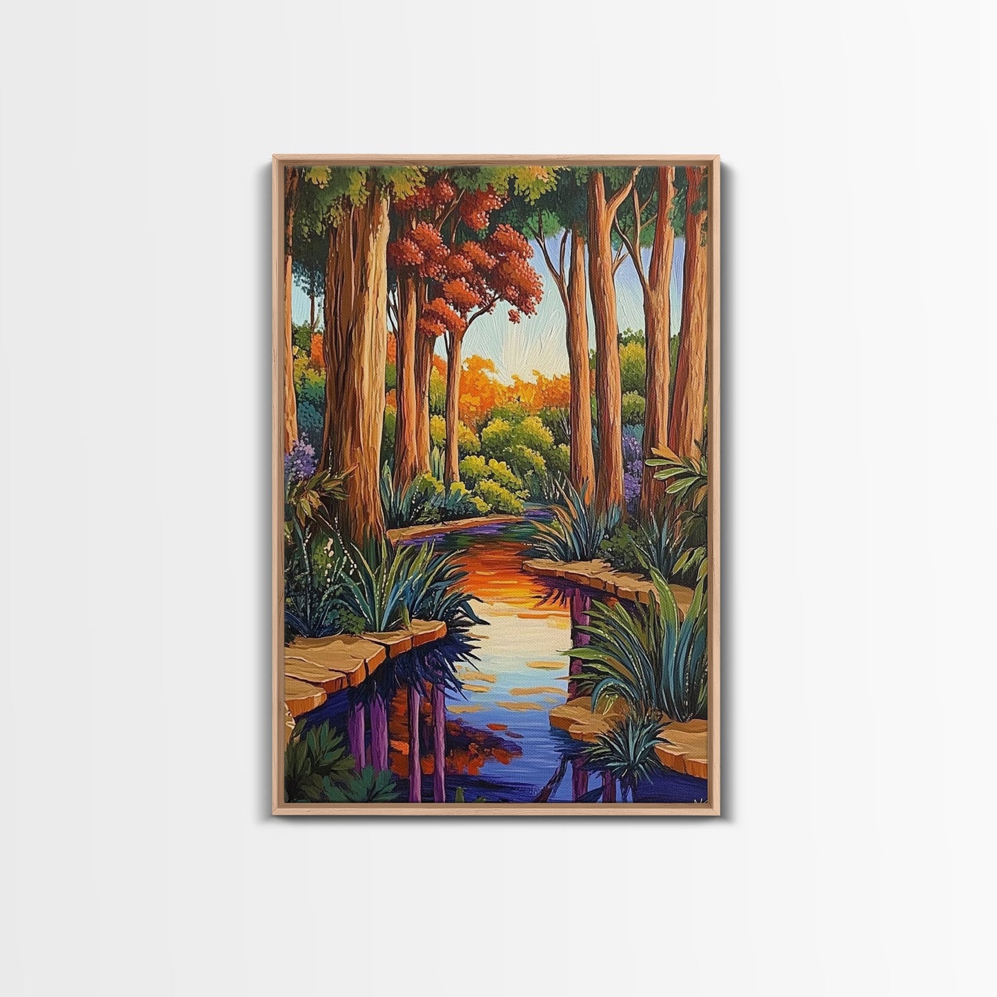 Forest Creek, Autumn, Framed Canvas Print, Tranquil Fall Landscape Wall Art, Vibrant Nature Decor, Woodland Boho Style, Bedroom Wall Art