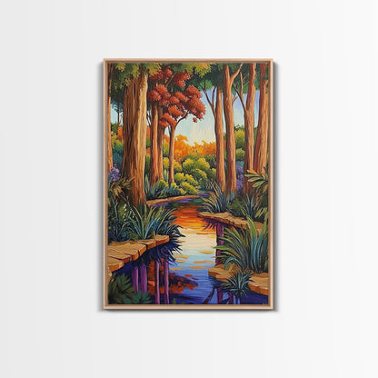 Forest Creek, Autumn, Framed Canvas Print, Tranquil Fall Landscape Wall Art, Vibrant Nature Decor, Woodland Boho Style, Bedroom Wall Art