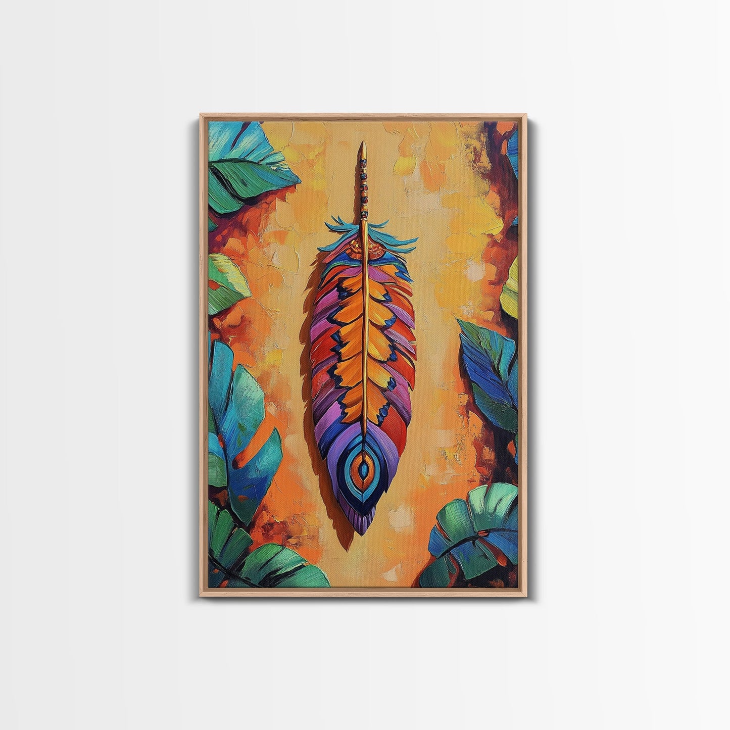 Bold Feather, Boho, Tropical, Colorful Framed Canvas Print, Eclectic Bedroom Wall Art, Boho Style Decor, Vibrant Southwest Wall Hanging