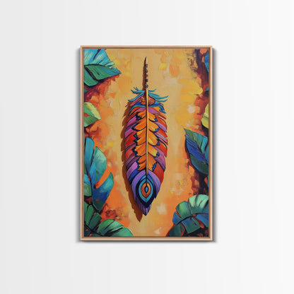 Bold Feather, Boho, Tropical, Colorful Framed Canvas Print, Eclectic Bedroom Wall Art, Boho Style Decor, Vibrant Southwest Wall Hanging