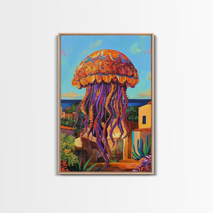 Jellyfish Surreal, Ocean, Dreamy Framed Canvas Print, Coastal Living Room Wall Art, Fantasy Sea Creature Art, Bright Tropical Decor