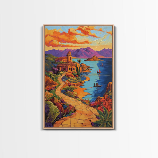 Coastal Village, Pathway, Sunset, Framed Canvas Print, Mediterranean coastal art, colorful landscape painting, boho living room wall decor