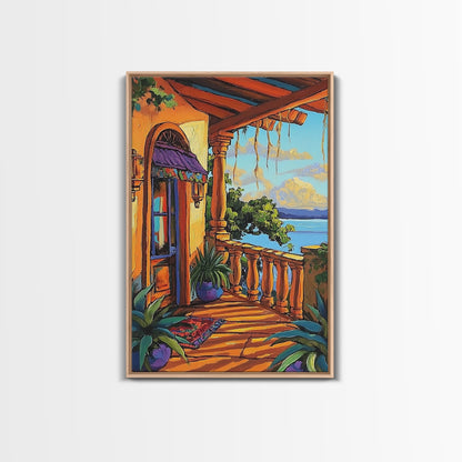 Porch Lake, Peaceful, View, Framed Canvas Print, relaxing patio art, summer lake view, rustic porch decor, Mediterranean vibes painting