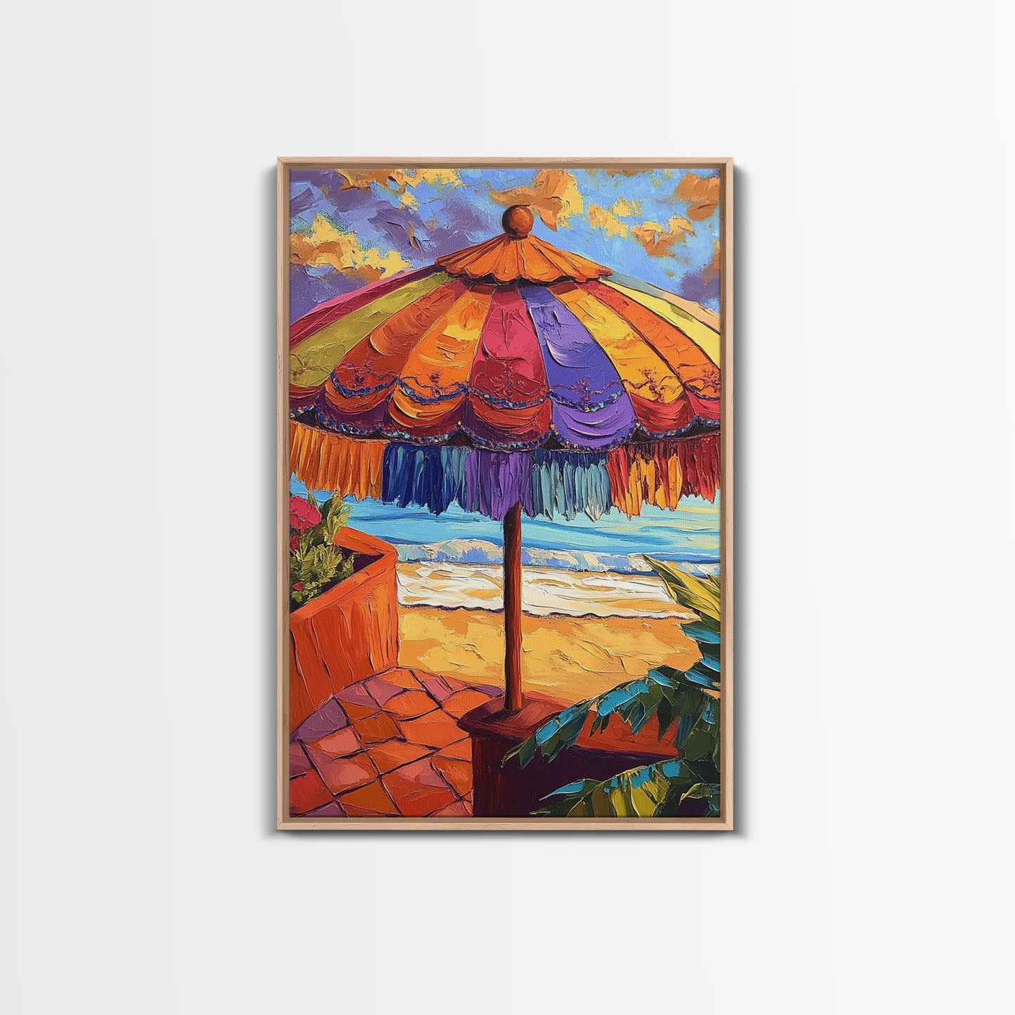 Beach Umbrella, Sunset, Framed Canvas Print, Tropical boho art, patio decor, summer beach vibe, colorful wall art, sunroom accent piece
