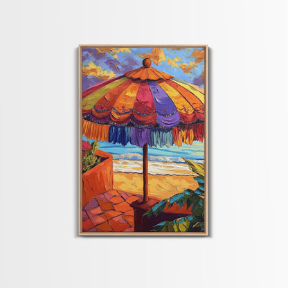 Beach Umbrella, Sunset, Framed Canvas Print, Tropical boho art, patio decor, summer beach vibe, colorful wall art, sunroom accent piece