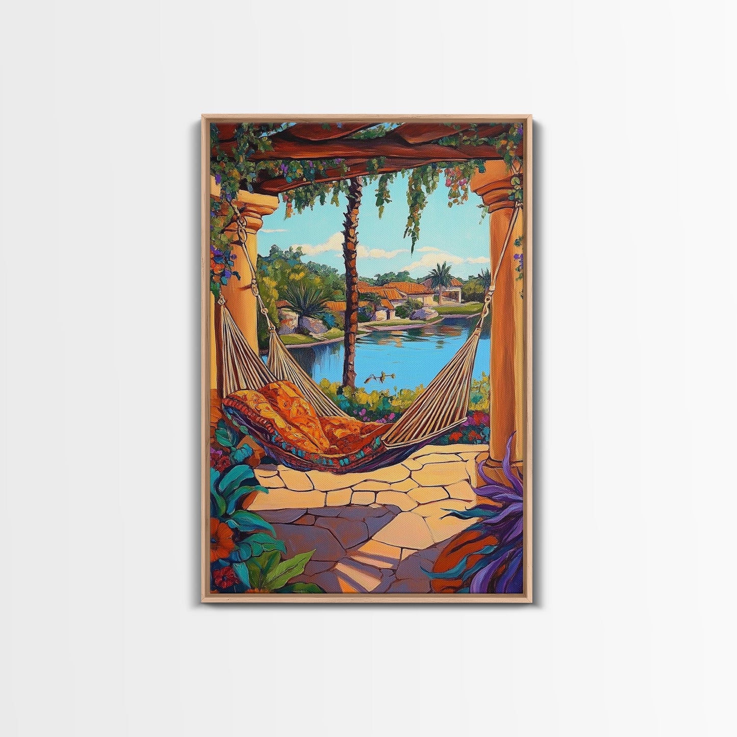 Hammock Patio, Relax, Lake, Framed Canvas Print, bohemian outdoor decor, tropical vacation art, summer patio vibe, living room wall art