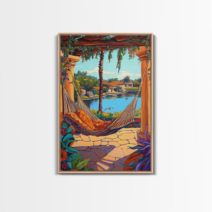 Hammock Patio, Relax, Lake, Framed Canvas Print, bohemian outdoor decor, tropical vacation art, summer patio vibe, living room wall art