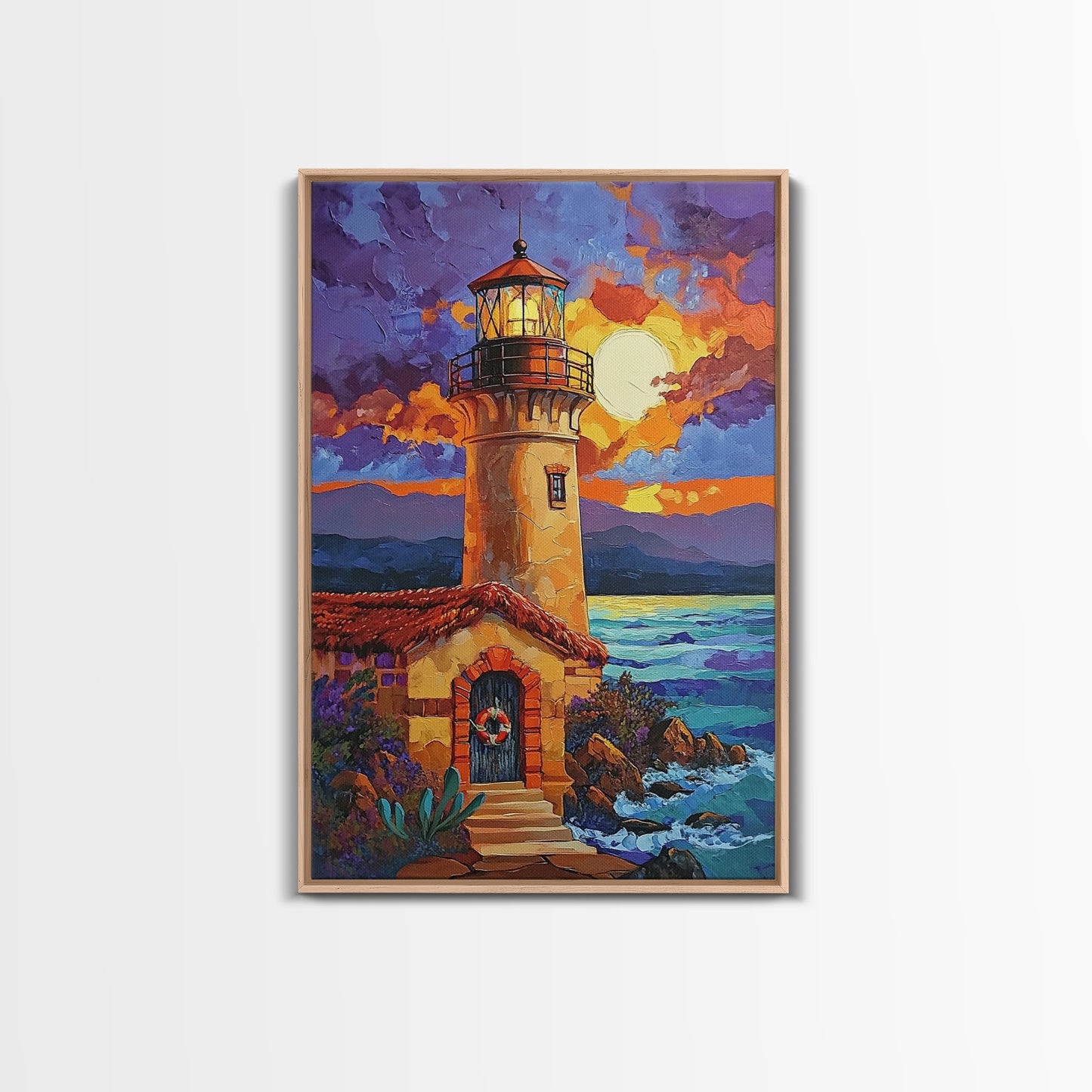 Moonlit Lighthouse, Rustic, Shore, Framed Canvas Print, Coastal Lighthouse Canvas, Dramatic Moon Ocean Scene, Rustic Nautical Wall Art