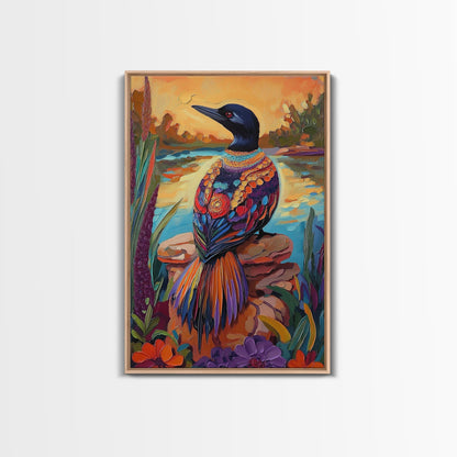 Jewel Loon, Sunset, Vibrant Bird Wall Art, Nature Wildlife Decor, Eclectic Home Accent, Living Room Boho Framed Canvas Print